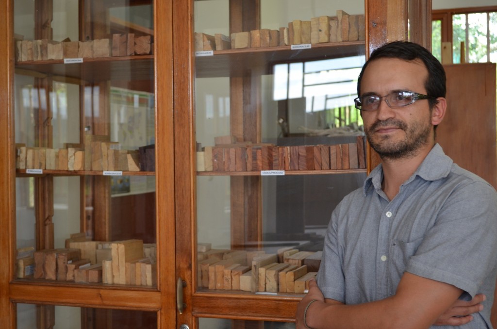 Juan Carlos Villalba, coordinador del programa de Ingeniería Forestal, de la facultad de Ciencias Agrarias de la Universidad del Cauca, muestra la colección de maderas.