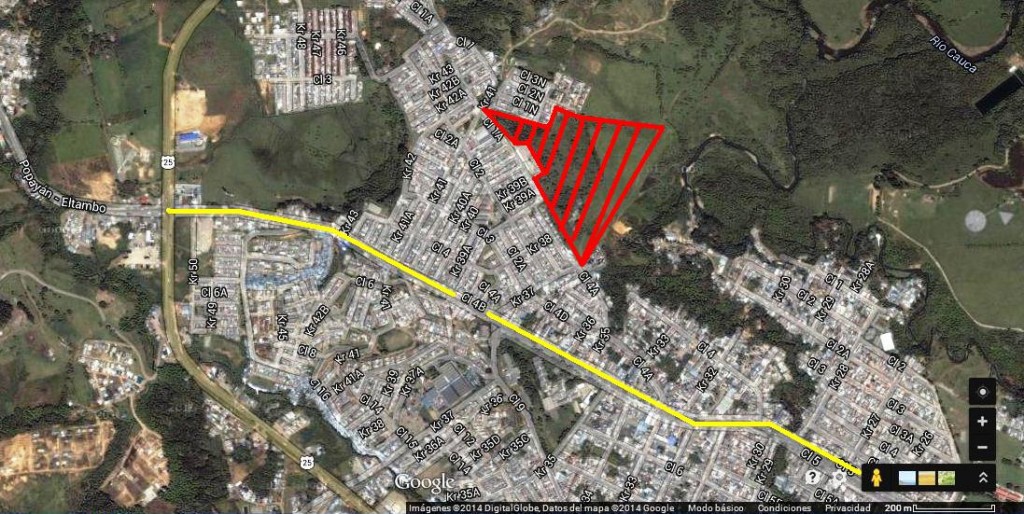 Ubicación del lote en la María Occidente en color rojo y en amarillo la calle 5 que sale a la variante conectando con la salida al Tambo.