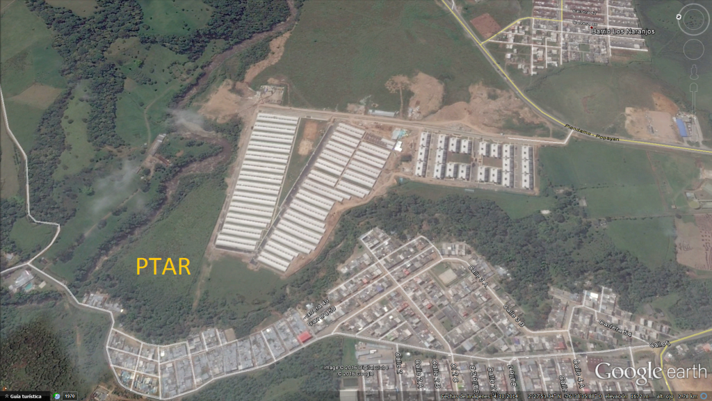 Imagen aérea de Google Earth, donde quedará la Ptar de Popayán, al lado norte del Valle del Ortigal.  