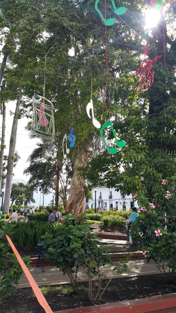 De los frondosos árboles del parque de Caldas, cuelgan alegres notas musicales.